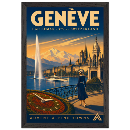 Genève art print in a Black Ash frame, showing the Jet d’Eau, a lake steamer and a woman on the promenade beside Lac Léman.