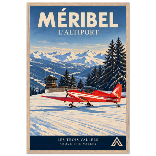 Méribel L’Altiport art print in a Natural Oak frame, 60x90 cm, showing a red ski-equipped aeroplane beside the altiport tower, snowy fir trees and Alpine peaks.