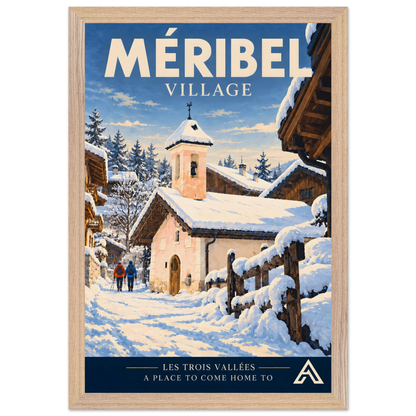 Méribel Village art print in a Natural Oak frame, 30x45 cm, showing a snowy chapel, timber chalets and two walkers on a village lane.