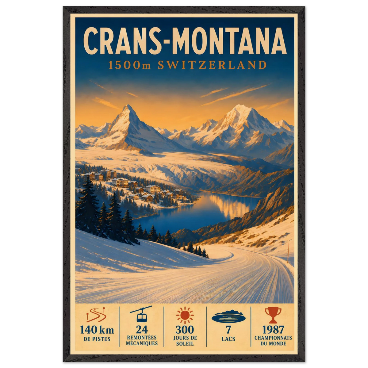 Crans-Montana art print in a Black Ash frame, showing a snowy slope and village overlooking the Swiss Alps.