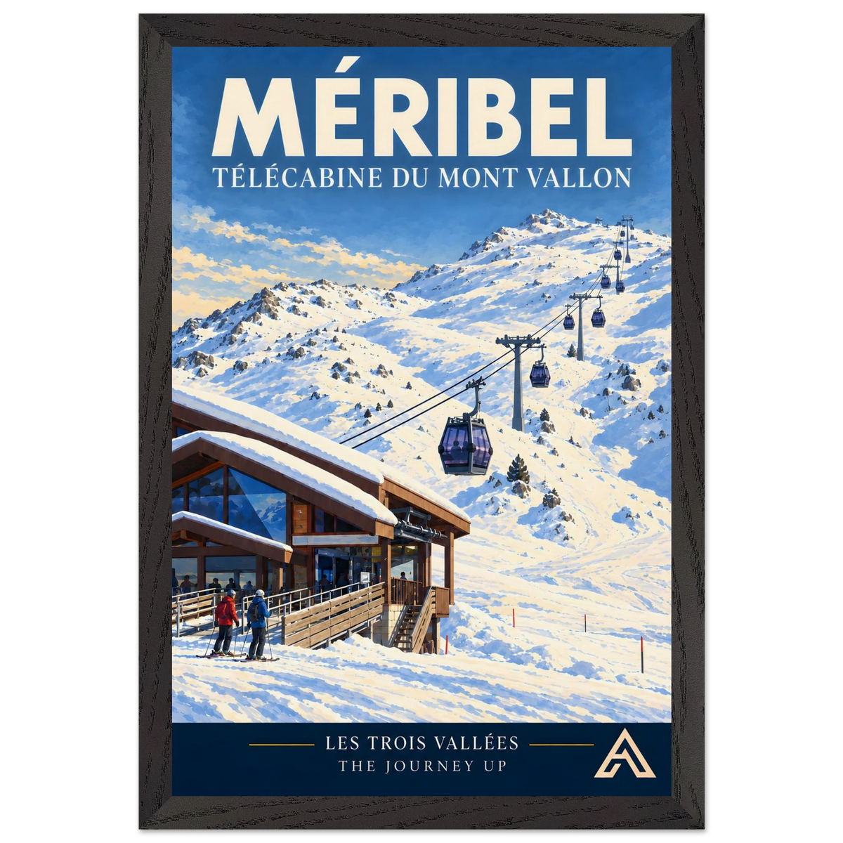 Méribel Télécabine du Mont Vallon art print in a Black Ash frame, 30x45 cm, showing purple gondolas climbing snowy slopes from a timber-and-glass station with two skiers beside it.