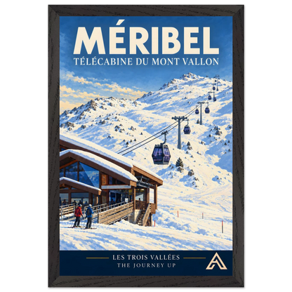 Méribel Télécabine du Mont Vallon art print in a Black Ash frame, 30x45 cm, showing purple gondolas climbing snowy slopes from a timber-and-glass station with two skiers beside it.