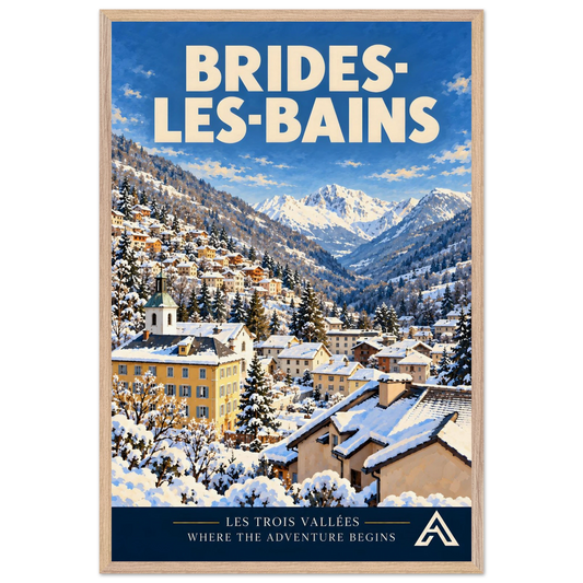Brides-les-Bains art print in a natural oak frame, 60x90 cm, showing a snowy valley town, colourful buildings, a church tower and Alpine peaks.