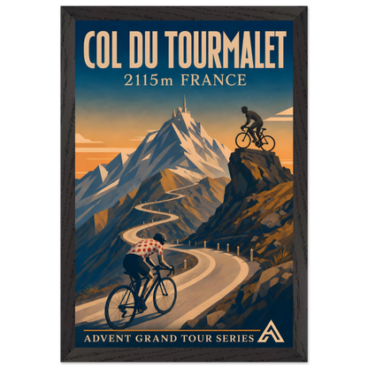 Col du Tourmalet art print in a Black Ash frame, showing a cyclist in a white jersey with red polka dots on a winding mountain road.