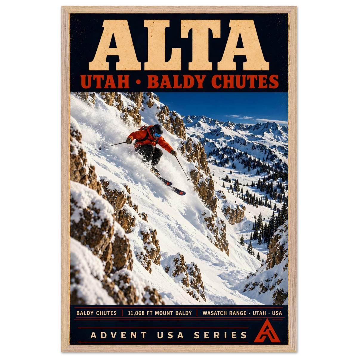 Alta art print in a Natural Oak frame, showing an orange-jacketed skier descending deep powder between rocky walls above a snowy mountain valley.