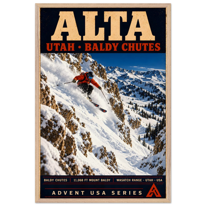 Alta art print in a Natural Oak frame, showing an orange-jacketed skier descending deep powder between rocky walls above a snowy mountain valley.