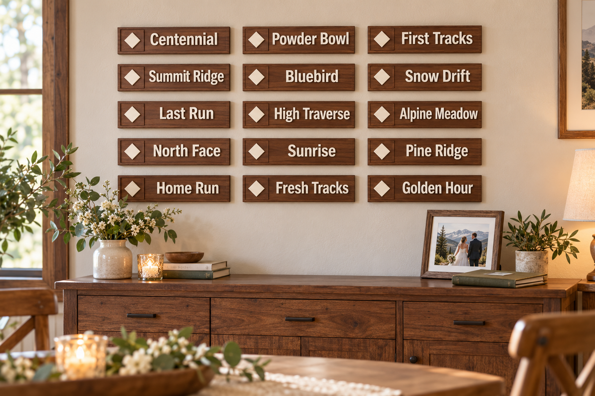 Fifteen small walnut-toned ski wedding table signs arranged in three columns and five rows above a sideboard at home; illustrative 3 by 13 inch sign display