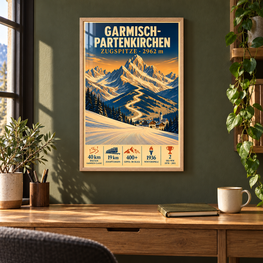 Garmisch framed art print in Natural Oak displayed above an oak writing desk in a mountain-home study, with an olive-green wall and sunlight reflecting across the glazing.