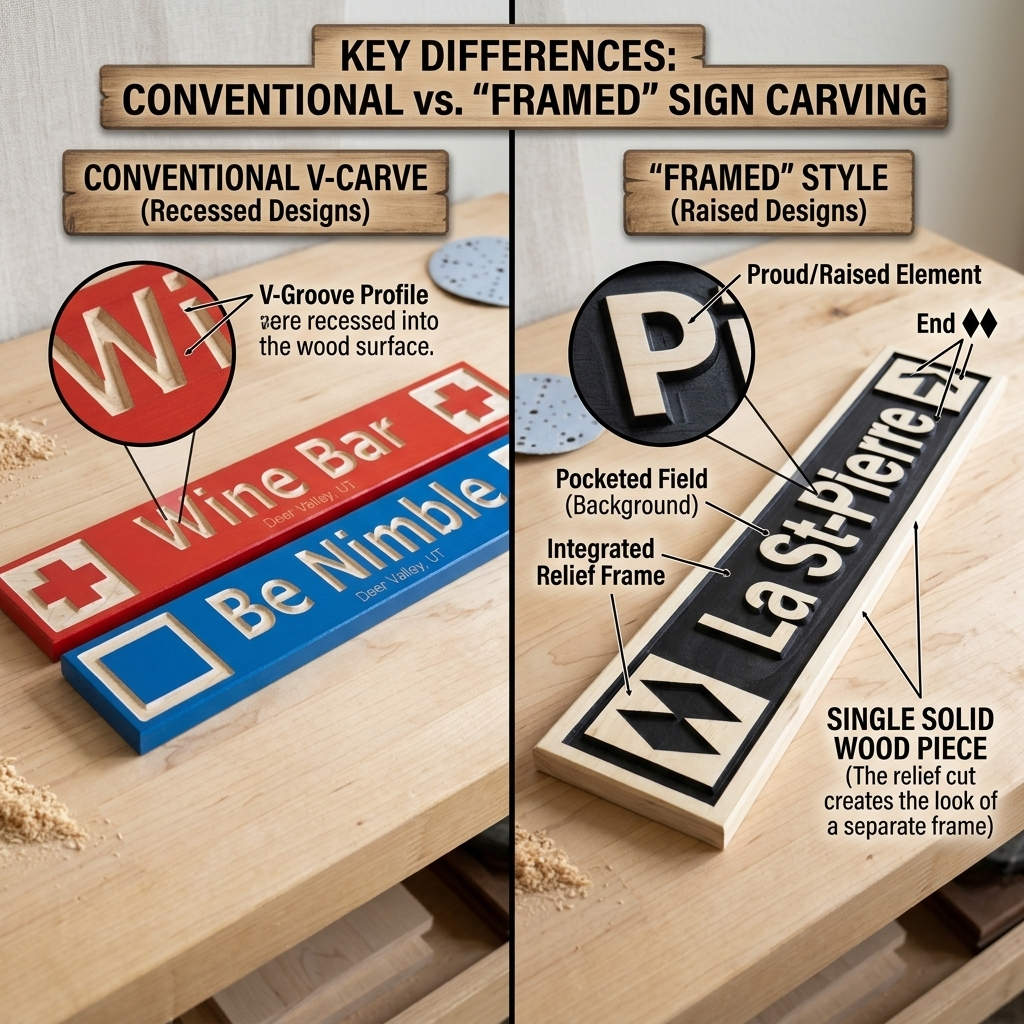 Comparison of conventional vs. framed sign carving styles with labeled examples on a wooden surface.