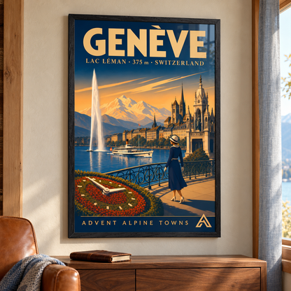 Genève art print in a Black Ash frame above a walnut console beside a leather reading chair, showing the Jet d’Eau, a lake steamer and mountains beyond Lac Léman.