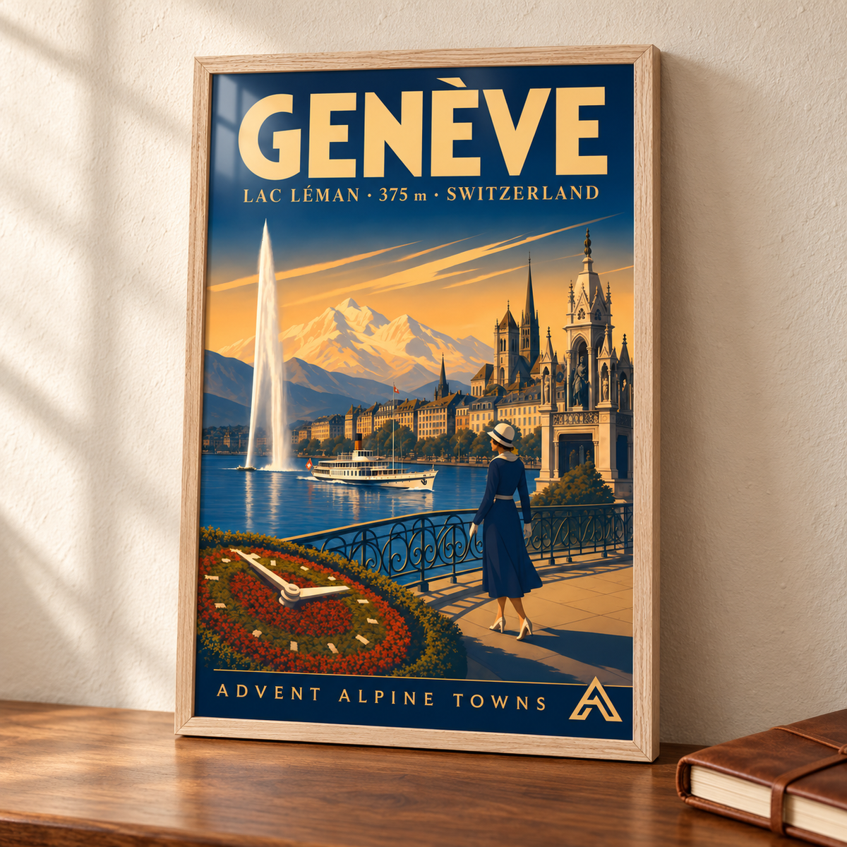 Genève art print in a Natural Oak frame on a wooden tabletop beside a leather travel journal, showing the Jet d’Eau, Lac Léman and Geneva’s lakefront.
