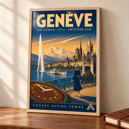 Genève art print in a Natural Oak frame on a wooden tabletop beside a leather travel journal, showing the Jet d’Eau, Lac Léman and Geneva’s lakefront.