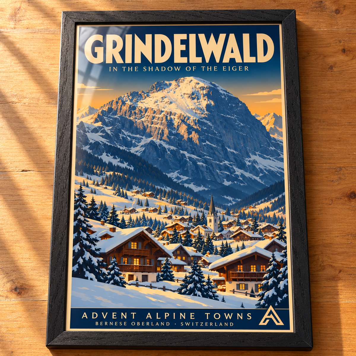 Complete Grindelwald framed art print in Black Ash on a timber tabletop, showing snowy chalets and a church beneath the Eiger, with window reflections across the glazing.