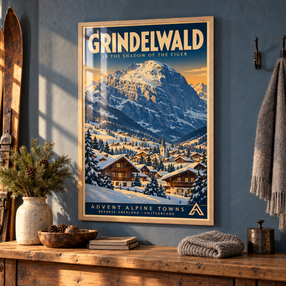 Grindelwald framed art print in Natural Oak displayed above a reclaimed-pine console in a mountain-home entrance, with a slate-blue wall, winter accessories and sunlight reflecting across the glazing.