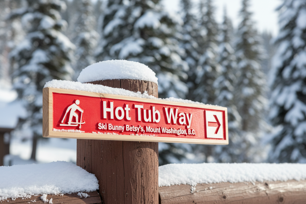 Hot Tub Way sign on snowy ski resort fence
