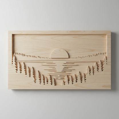 CNC-carved sunset over lake with pine treeline silhouette, natural timber relief carving