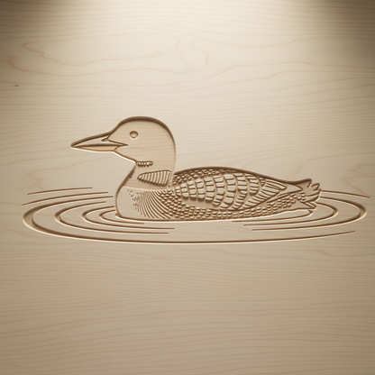 CNC-carved loon on calm water scene, natural timber relief carving
