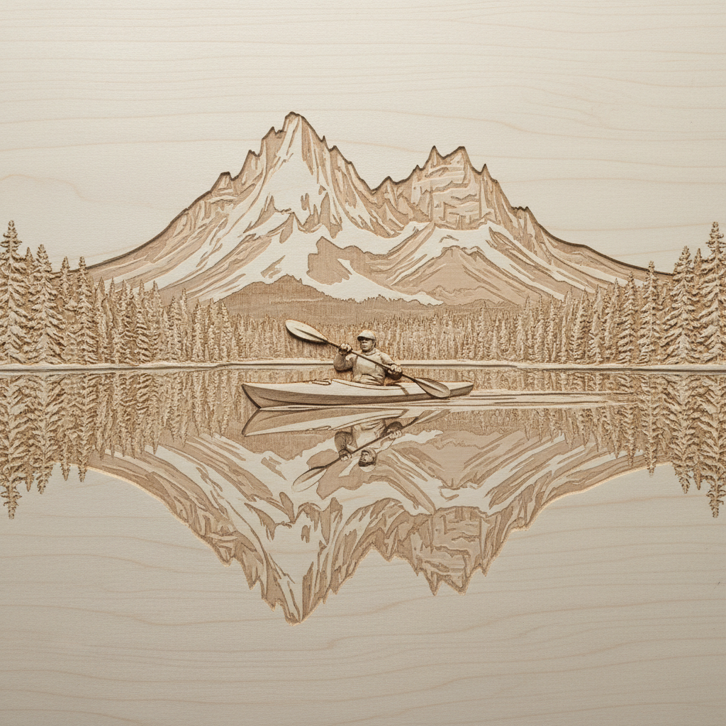 CNC-carved kayaker paddling on a calm alpine lake with mountain peaks reflected in the water, natural timber relief carving