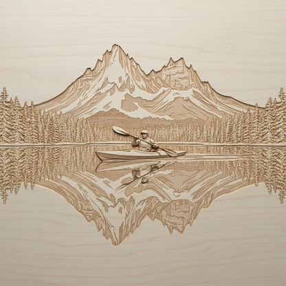 CNC-carved kayaker paddling on a calm alpine lake with mountain peaks reflected in the water, natural timber relief carving