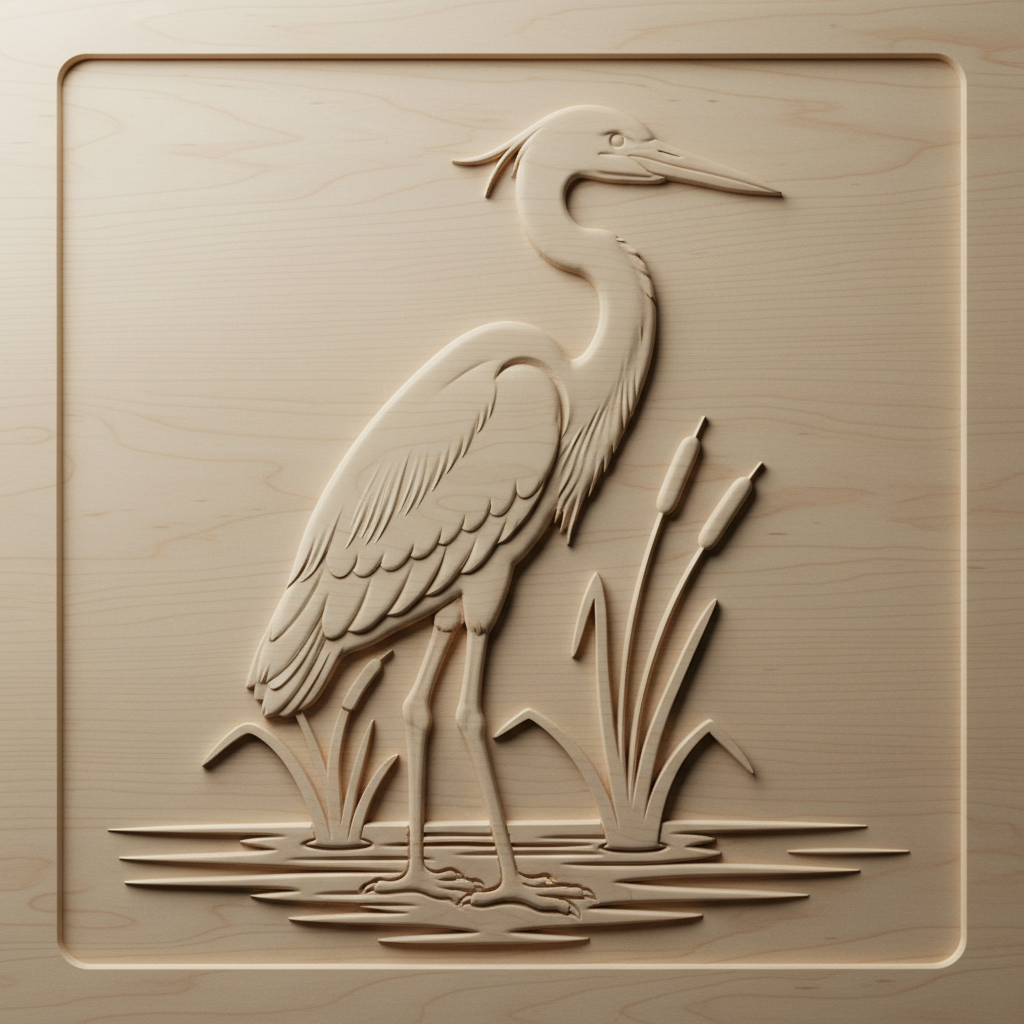CNC-carved great blue heron standing in shallow water, natural timber relief carving