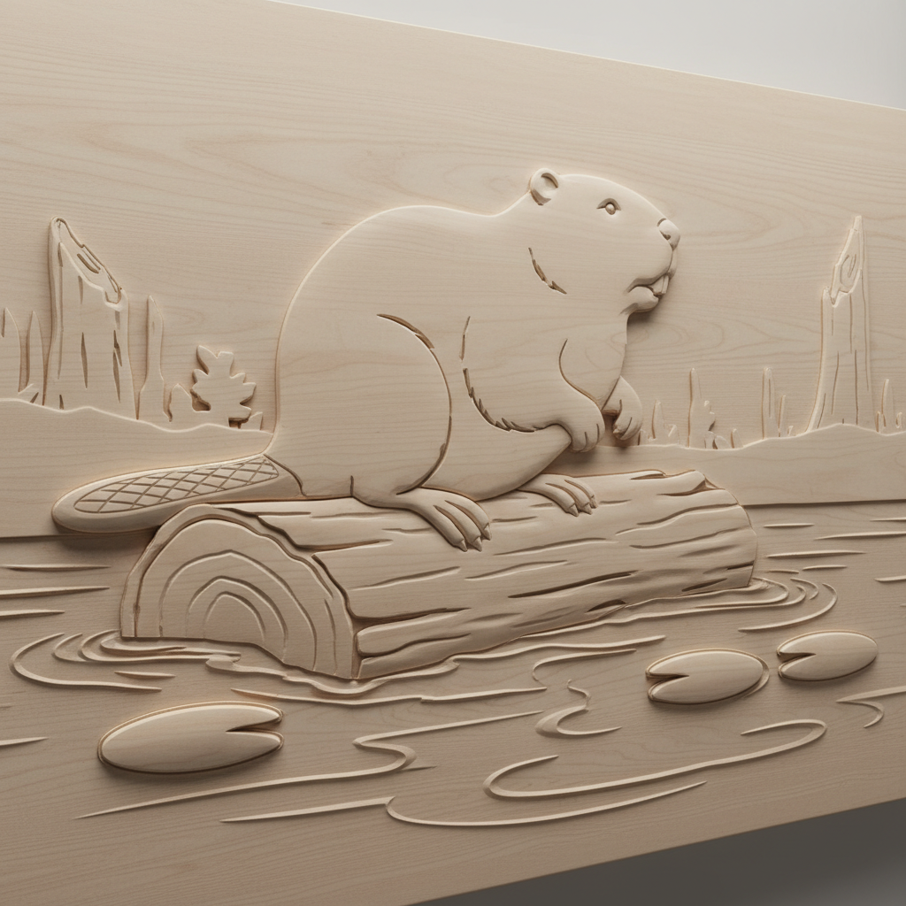 CNC-carved beaver sitting on a log near the water, natural timber relief carving