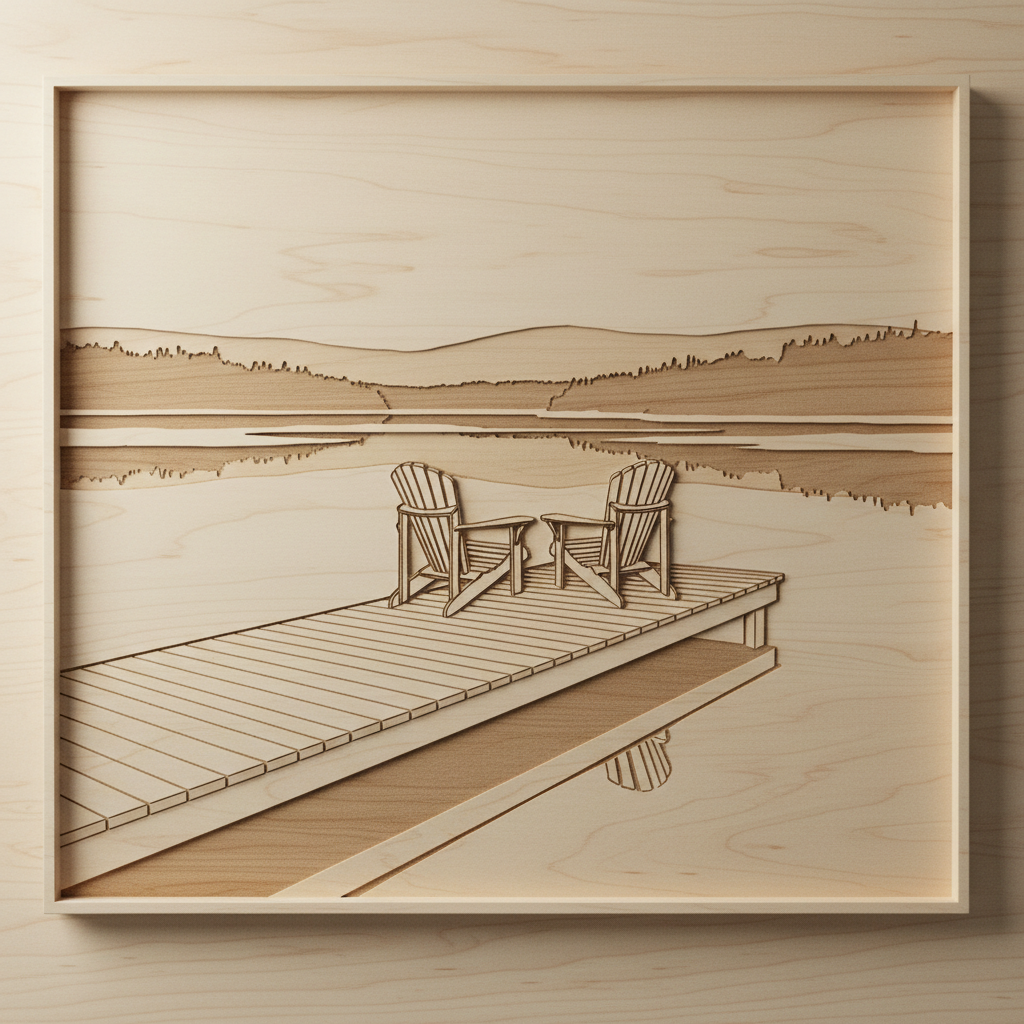 CNC-carved dock with Muskoka chairs overlooking a lake, natural timber relief carving