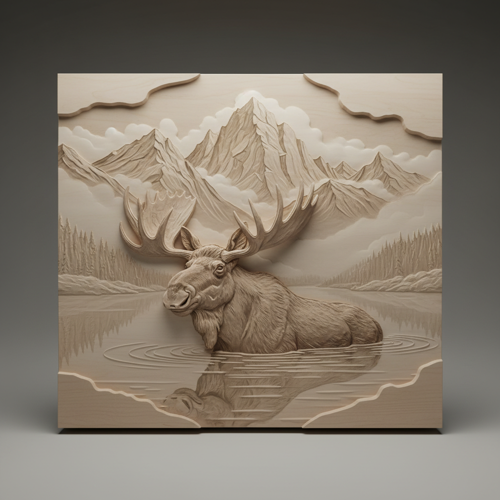 CNC-carved moose wading in a misty mountain lake with mountain range backdrop, natural timber relief carving