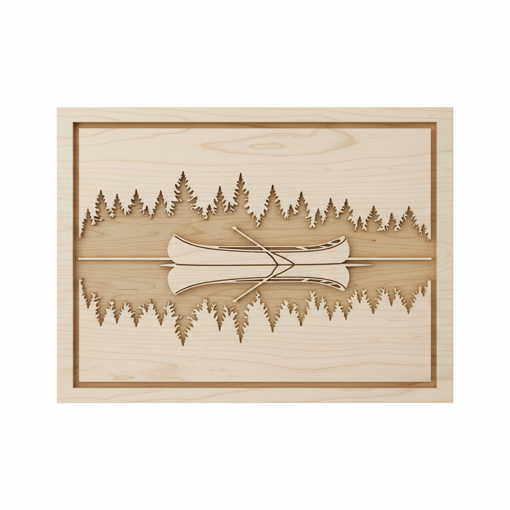 CNC-carved canoe on still water with pine treeline reflection, natural timber relief carving