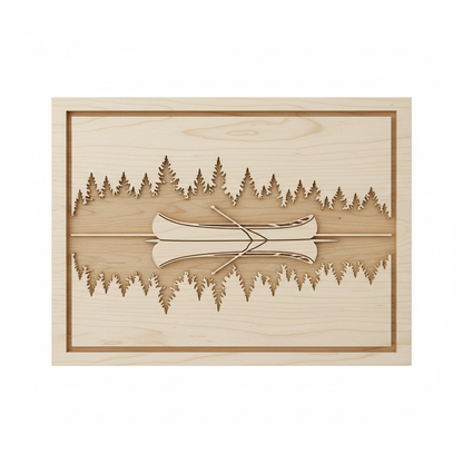 CNC-carved canoe on still water with pine treeline reflection, natural timber relief carving
