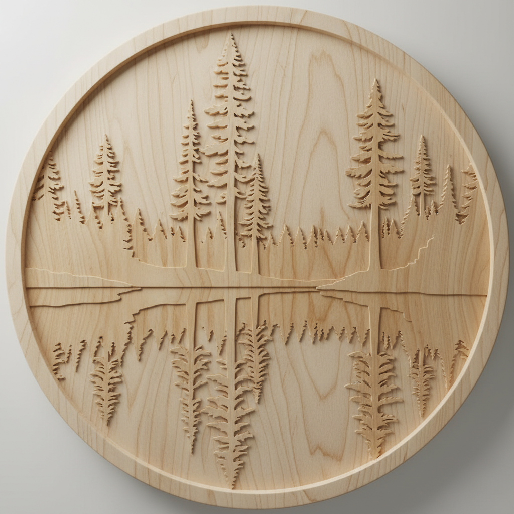 CNC-carved pine tree shoreline reflected in still water, natural timber relief carving