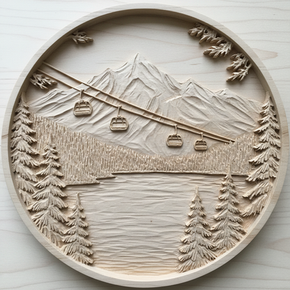 CNC-carved mountain lake scene with ski resort gondola and chairlift, natural timber relief carving