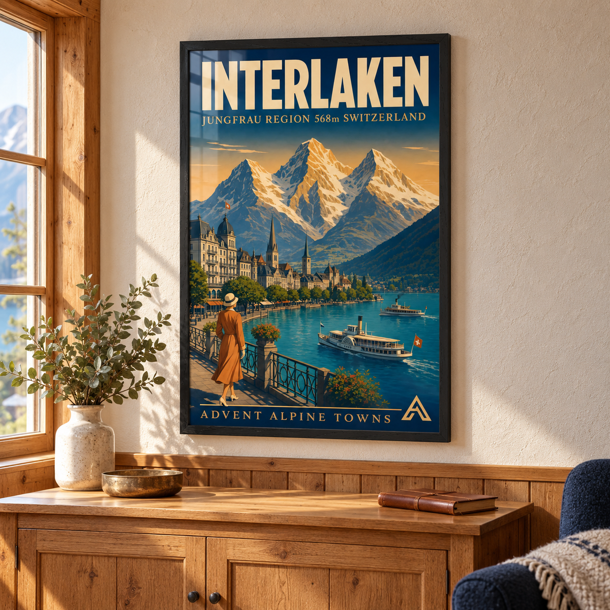 Interlaken art print in a Black Ash frame above an oak sideboard beside a timber window, showing lake steamers and snow-capped mountains.
