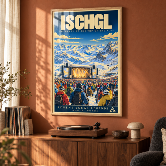 Ischgl framed art print in Natural Oak displayed above a walnut record cabinet in a mountain-home music corner, with a terracotta wall, turntable and sunlight reflecting across the glazing.