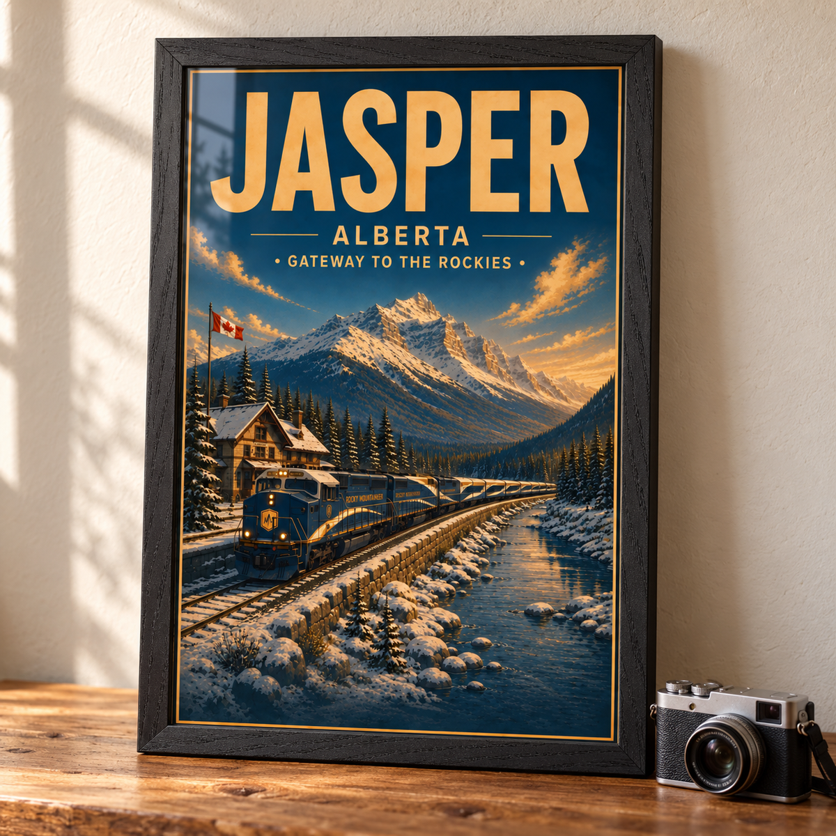 Jasper: Gateway to the Rockies art print in a Black Ash frame on a wooden tabletop beside a travel camera, showing a railway station, train and snowy mountains.