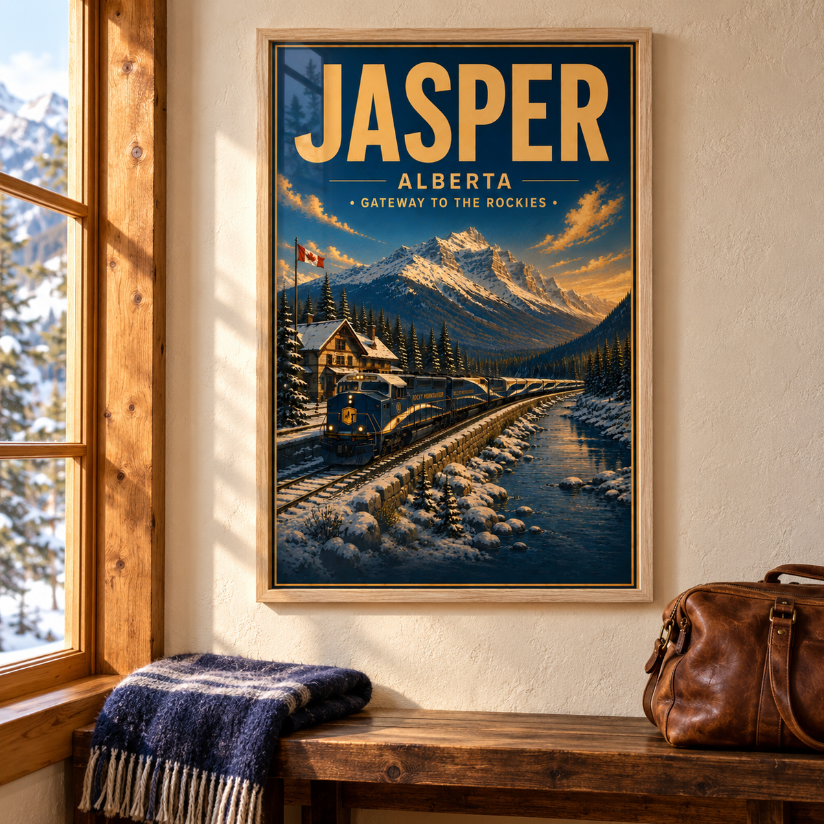 Jasper: Gateway to the Rockies art print in a Natural Oak frame above a timber bench with a wool blanket and leather travel bag, showing a train beneath snowy peaks.
