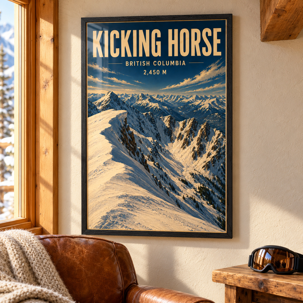 Kicking Horse art print in a Black Ash frame beside a timber window, above a leather chair and wooden table with ski goggles, showing snowy ridges and a mountain panorama.