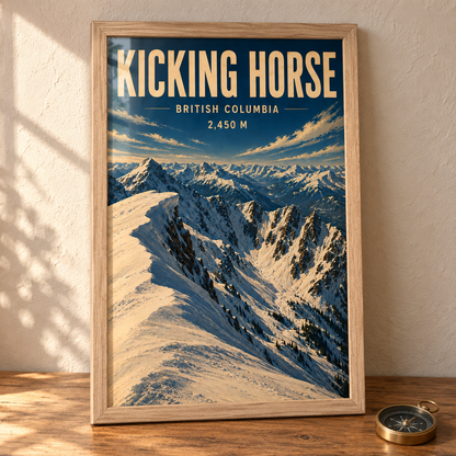 Kicking Horse art print in a Natural Oak frame on a wooden tabletop beside a brass compass, showing a snowy corniced ridge above a broad mountain panorama.