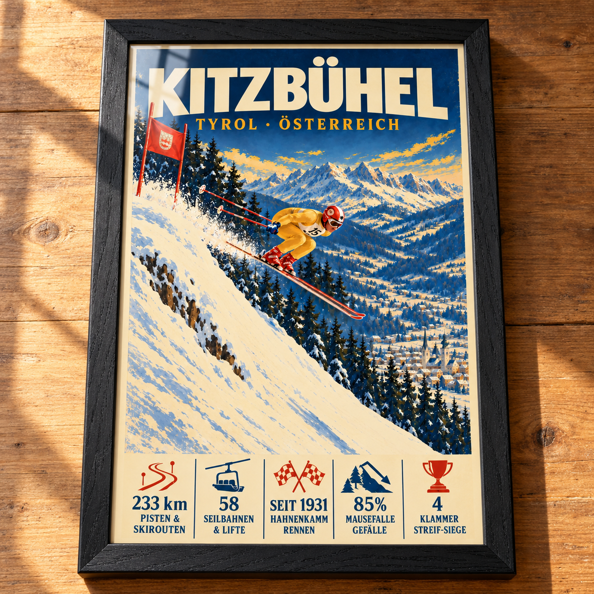 Complete Kitzbühel framed art print in Black Ash on a timber tabletop, showing a yellow-suited ski racer jumping down a steep snowy slope, with window reflections across the glazing.