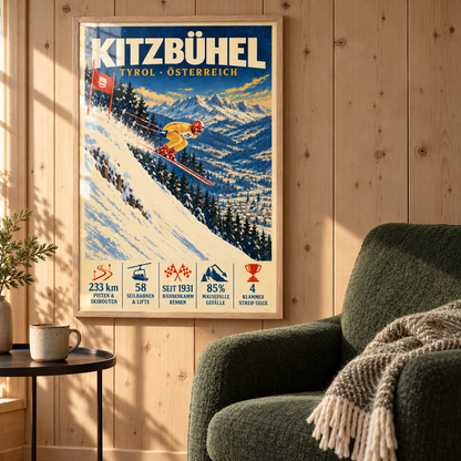 Kitzbühel framed art print in Natural Oak displayed on a timber-panelled wall beside a forest-green armchair, with sunlight reflecting across the glazing.