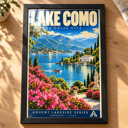 Complete Lake Como framed art print in Black Ash on an oak tabletop, showing a flower-lined terrace, blue lake, motorboat, villas and mountains, with sunlight reflecting across the glazing.