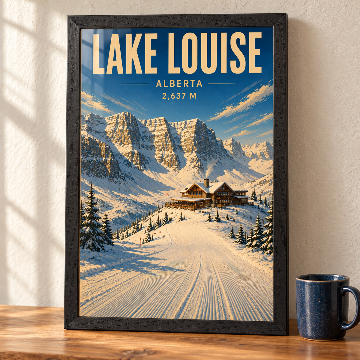 Lake Louise art print in a Black Ash frame on a wooden tabletop beside a navy ceramic mug, showing a mountain lodge and groomed ski slope beneath snowy cliffs.