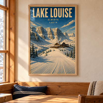 Lake Louise art print in a Natural Oak frame above a timber dining nook with wool cushions, showing a ski lodge and groomed slope beneath snowy mountain cliffs.