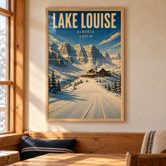 Lake Louise art print in a Natural Oak frame above a timber dining nook with wool cushions, showing a ski lodge and groomed slope beneath snowy mountain cliffs.