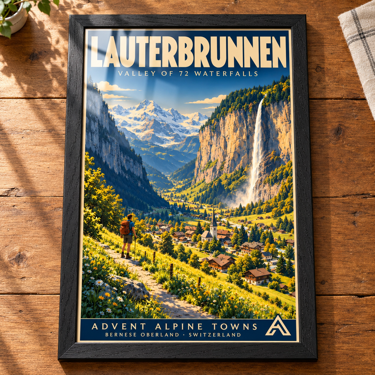 Complete Lauterbrunnen framed art print in Black Ash on a timber tabletop, showing a hiker, Alpine village, green valley and cliffside waterfall, with sunlight on the glazing.