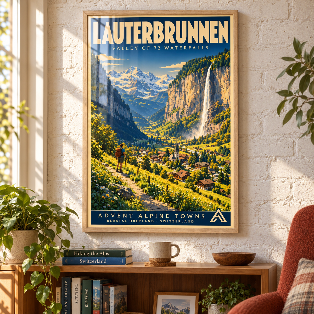 Lauterbrunnen framed art print in Natural Oak above a teak bookcase in a sunlit reading corner, with window reflections across the glazing.