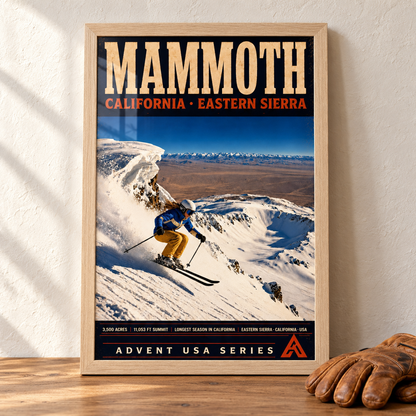 Mammoth Mountain art print in a Natural Oak frame on a wooden tabletop beside leather ski gloves, showing a downhill skier and an open snowy mountain bowl.