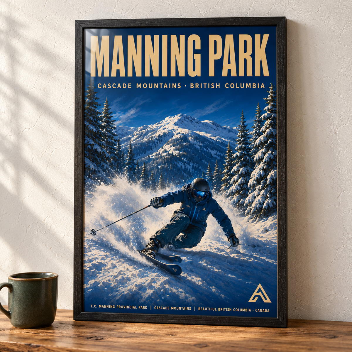 Manning Park art print in a Black Ash frame on a wooden tabletop beside a sage ceramic mug, showing a skier in a snow-covered forest with Cascade Mountains beyond.