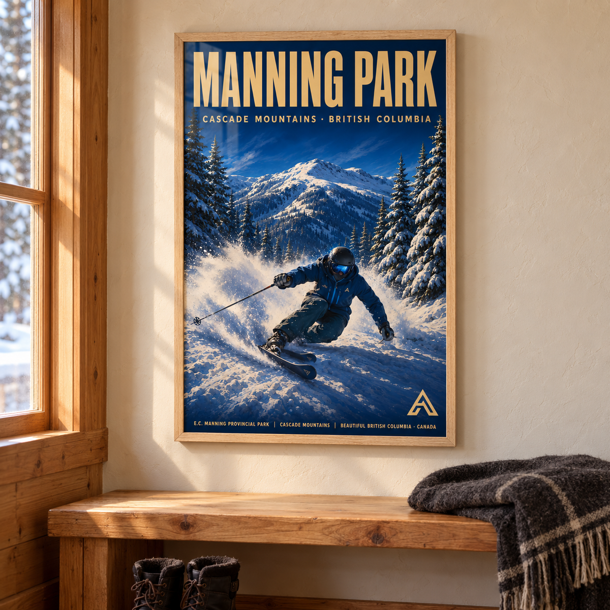 Manning Park art print in a Natural Oak frame above a timber entry bench with a wool blanket and winter boots, showing a skier carving through snowy evergreen forest beneath Cascade peaks.