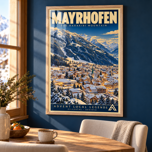 Mayrhofen framed art print in Natural Oak on a deep-blue wall above an ash dining table, with winter sunlight and window reflections across the glazing.