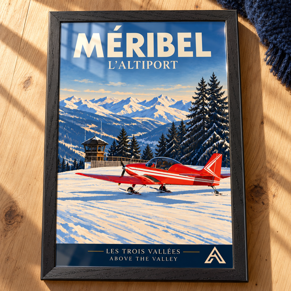 Complete Méribel L’Altiport framed art print in Black Ash on a timber tabletop, showing a red ski aeroplane beside the altiport tower and snowy Alpine peaks, with sunlight on the glass.